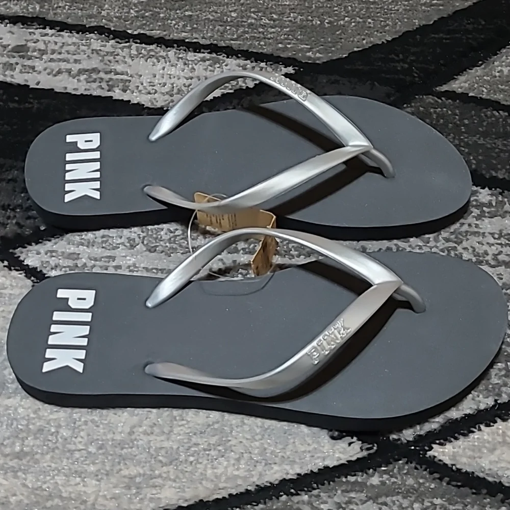 VS PINK BLACK SILVER LOGO FLIP FLOPS SANDALS